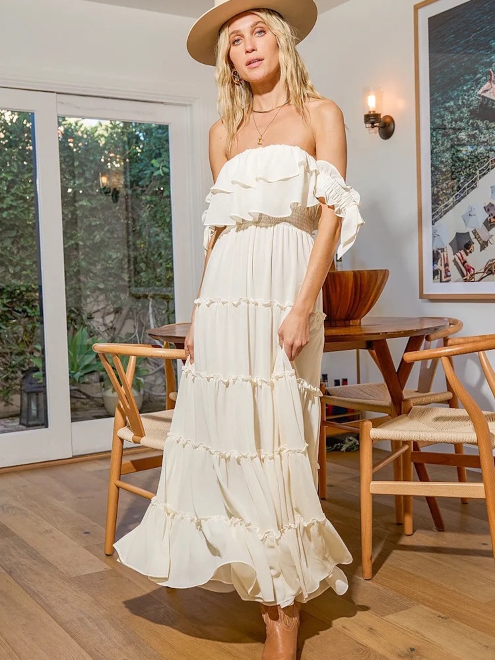 Lulu's Cream Off-Shoulder Ruffled Maxi Dress